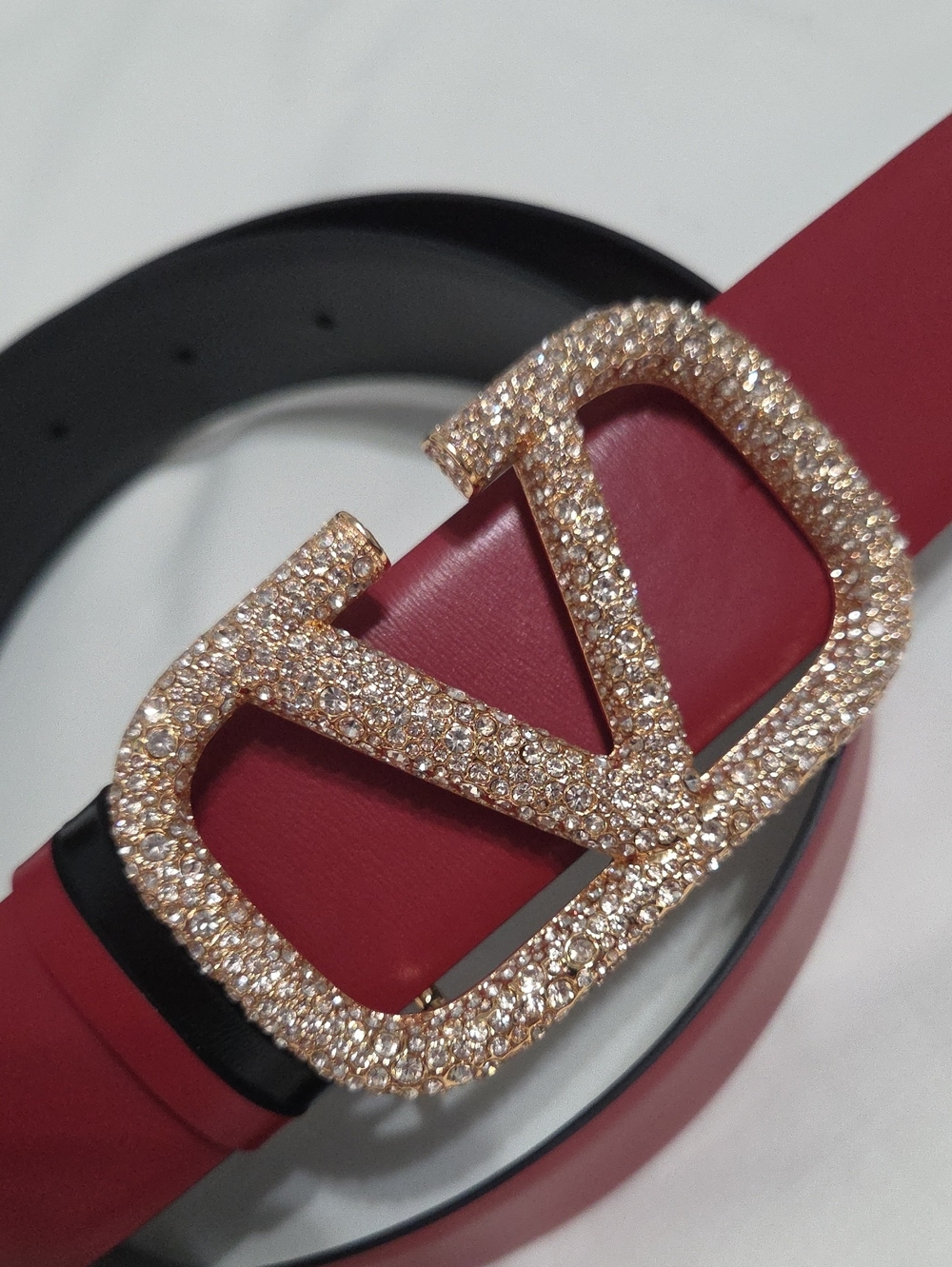 Valentino Garvani Red & Black Leather Belt Gold Crystal-Embellished V Buckle